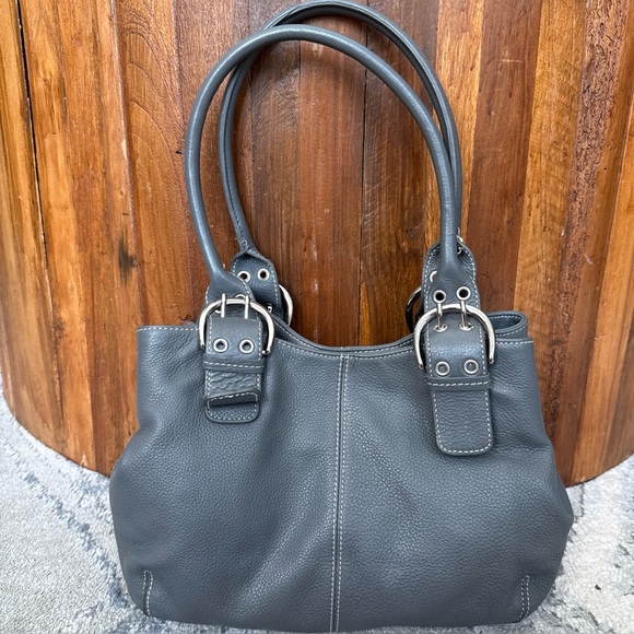 Tignanello Womens Leather Handbag Purse Satchel Gray Double Handled - Picture 1 of 11